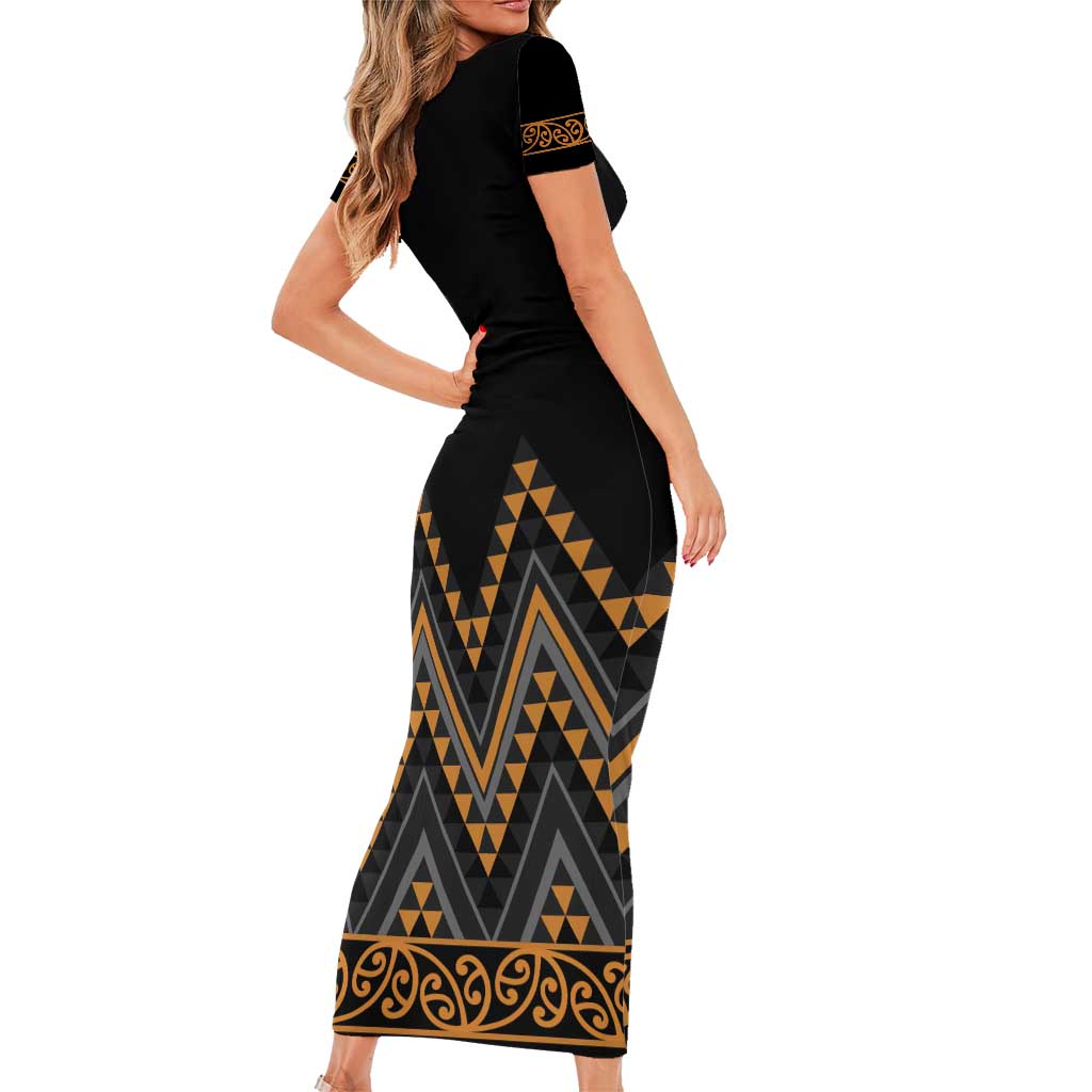 Gold Aotearoa Mangopare Kowhaiwhai and Niho Taniwha Short Sleeve Bodycon Dress Maori New Zealand