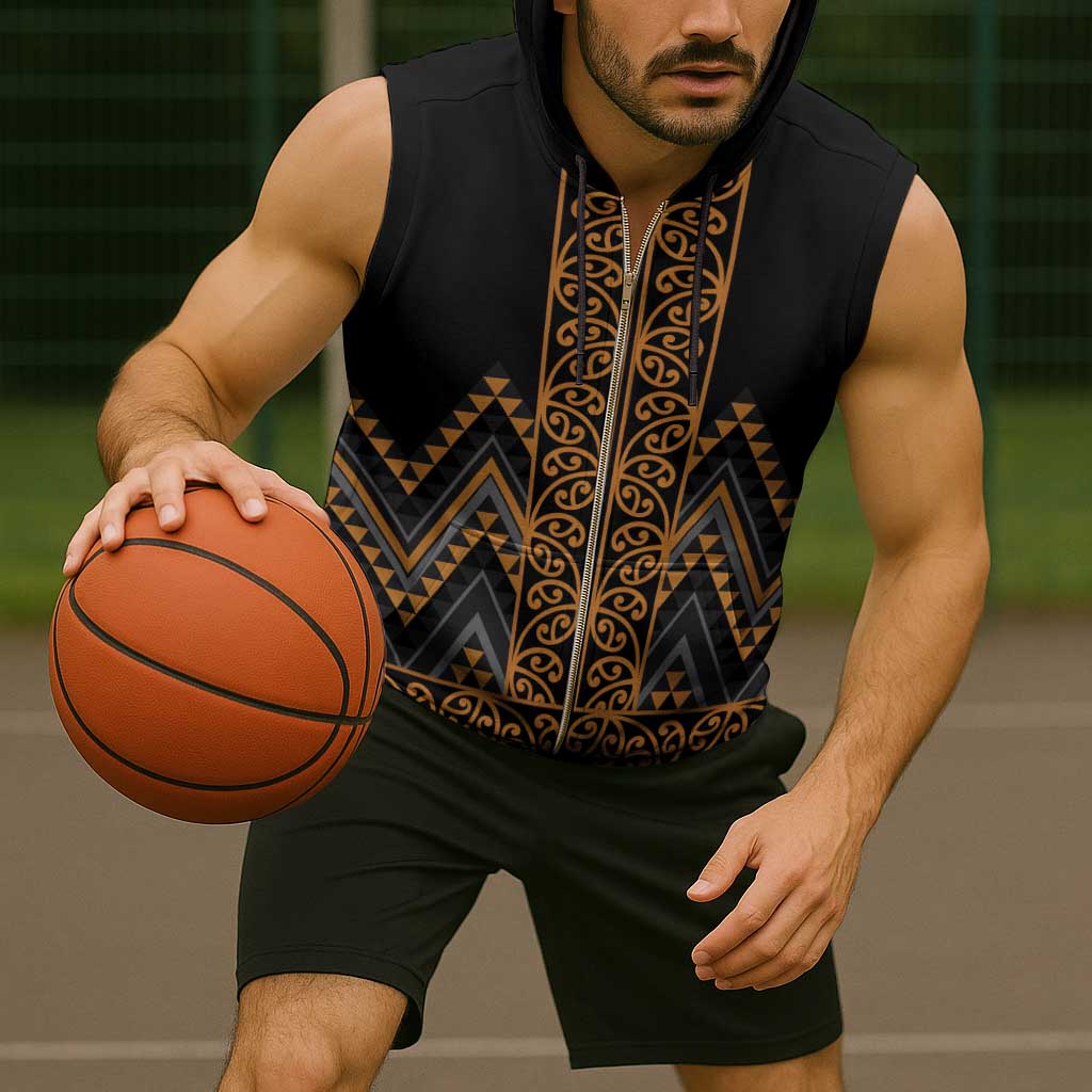 Gold Aotearoa Mangopare Kowhaiwhai Niho Taniwha Sleeveless Zip Hoodie Maori New Zealand - Polynesian Pride