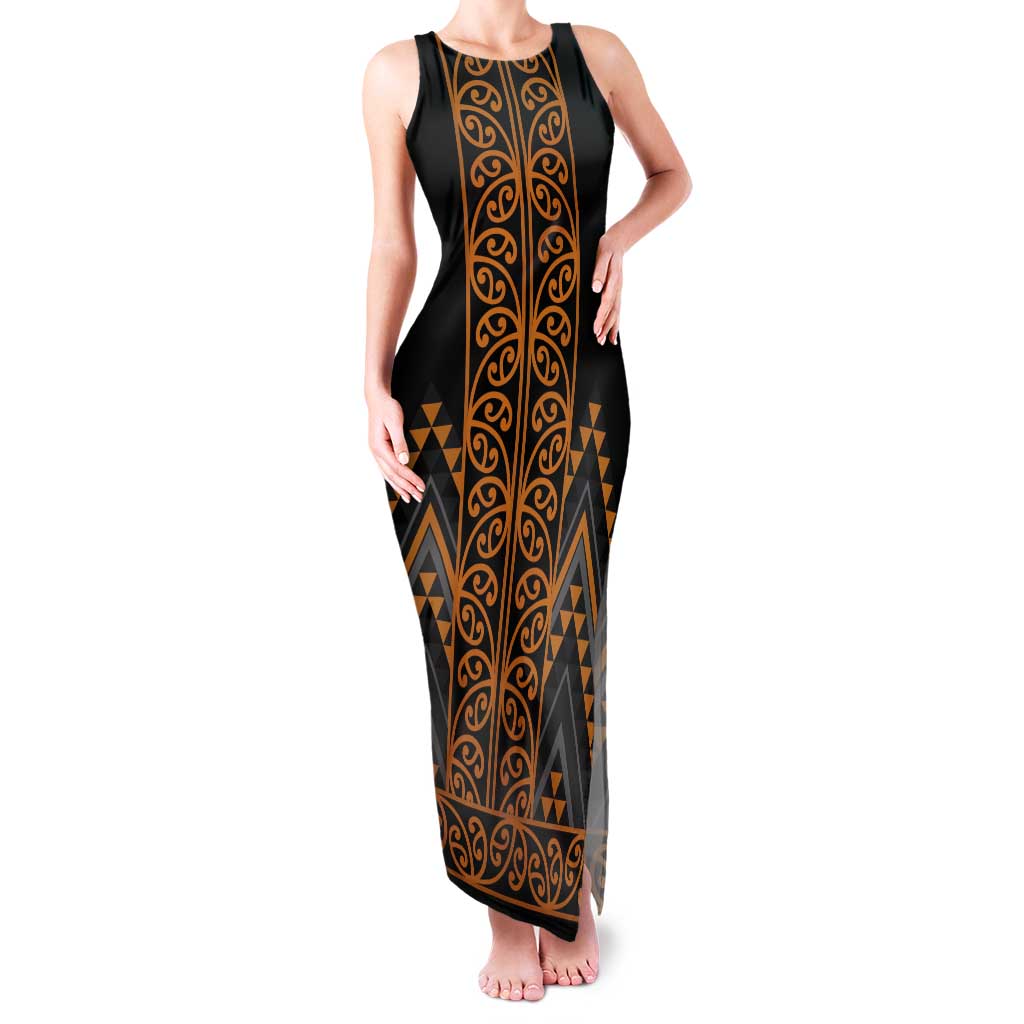 Gold Aotearoa Mangopare Kowhaiwhai and Niho Taniwha Tank Maxi Dress Maori New Zealand