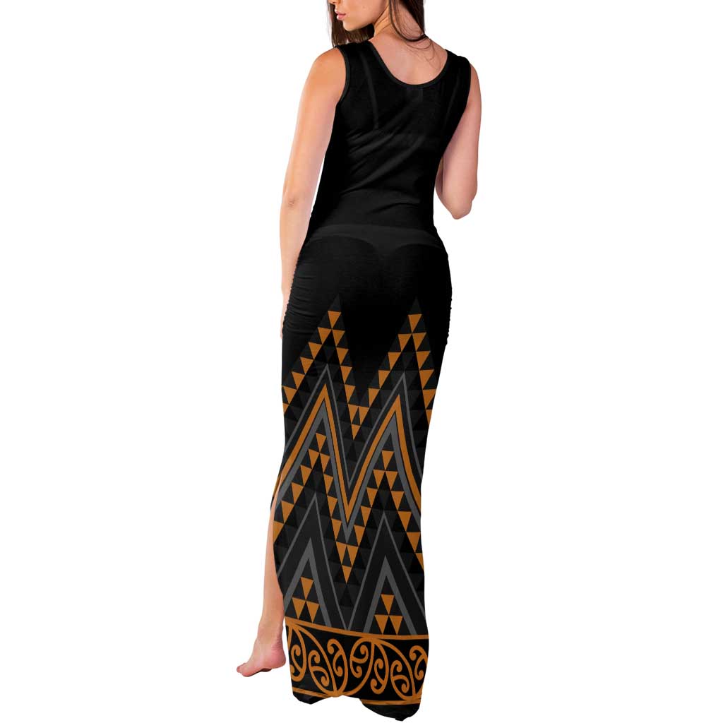 Gold Aotearoa Mangopare Kowhaiwhai and Niho Taniwha Tank Maxi Dress Maori New Zealand
