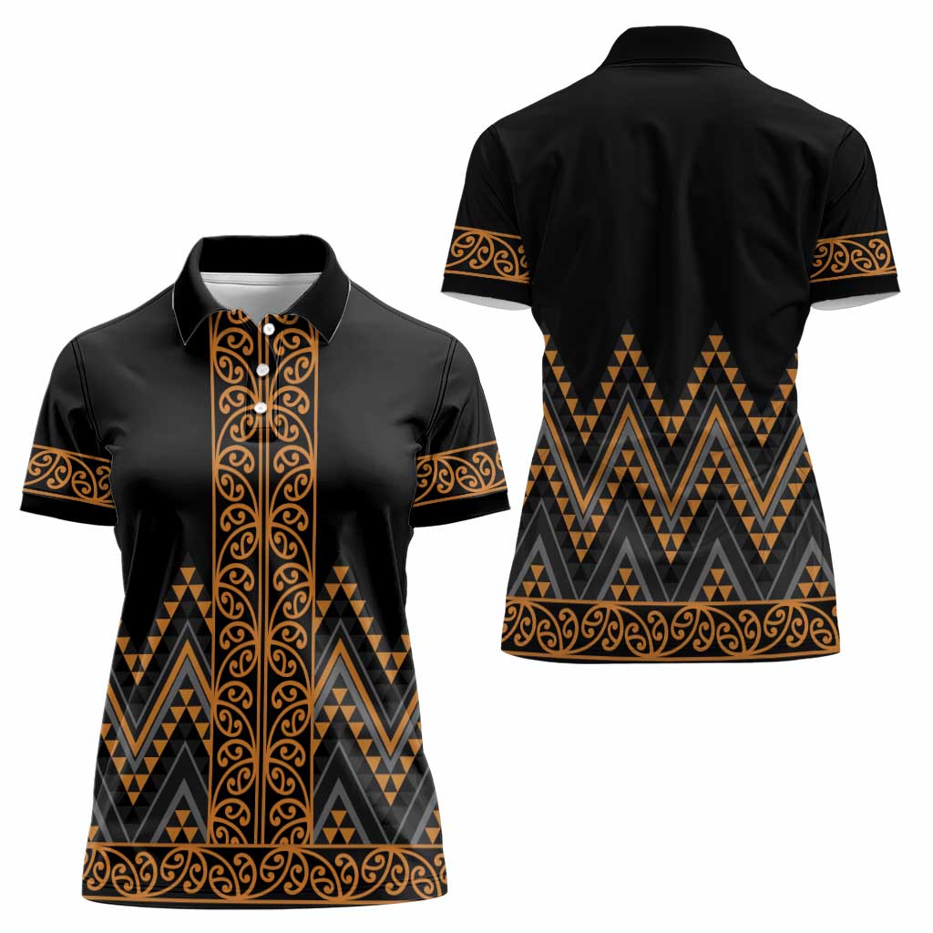Gold Aotearoa Mangopare Kowhaiwhai and Niho Taniwha Women Polo Shirt Maori New Zealand