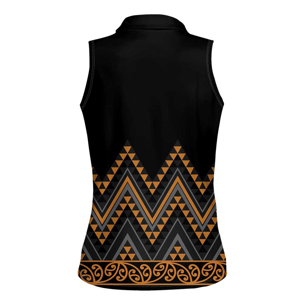 Gold Aotearoa Mangopare Kowhaiwhai and Niho Taniwha Women Sleeveless Polo Shirt Maori New Zealand