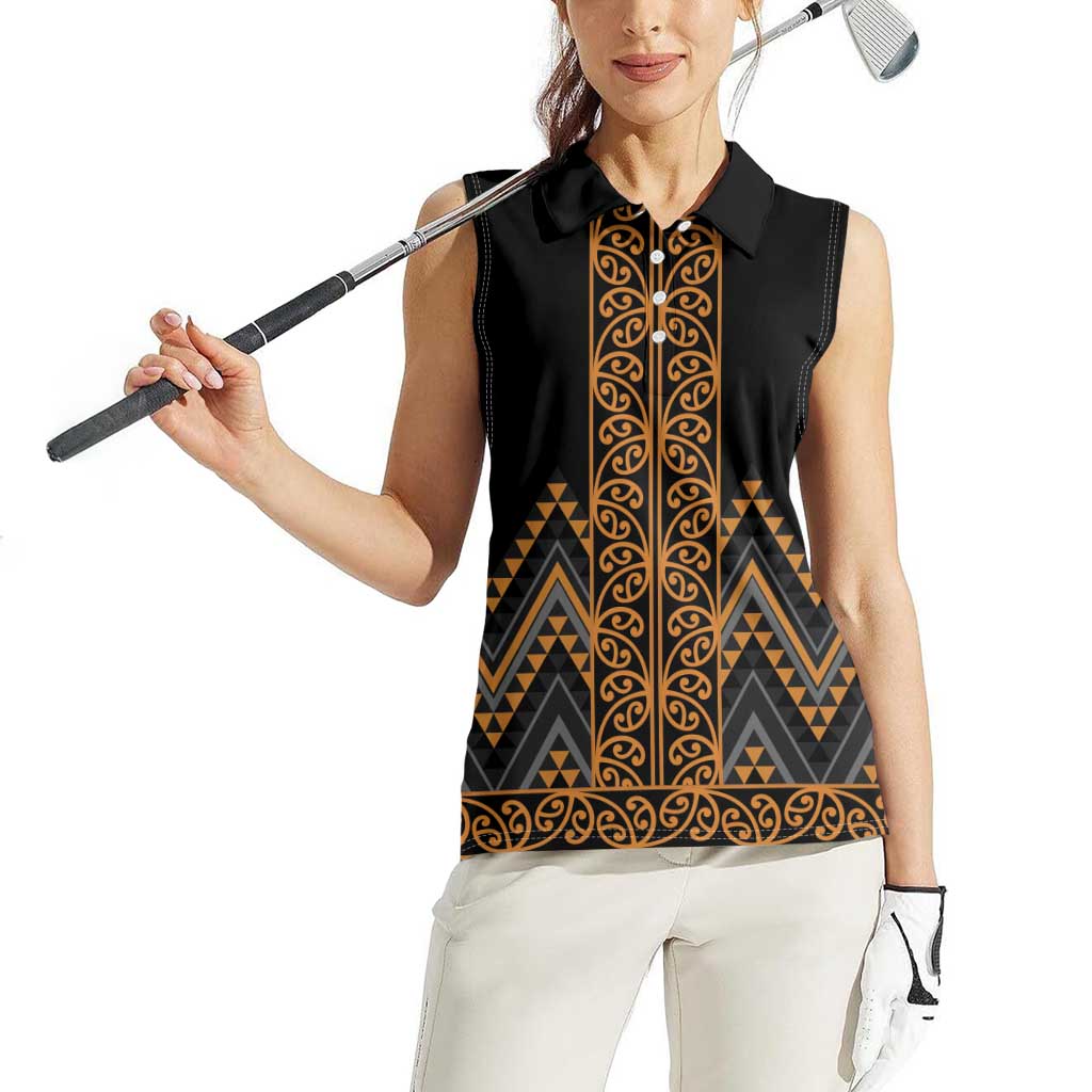 Gold Aotearoa Mangopare Kowhaiwhai and Niho Taniwha Women Sleeveless Polo Shirt Maori New Zealand