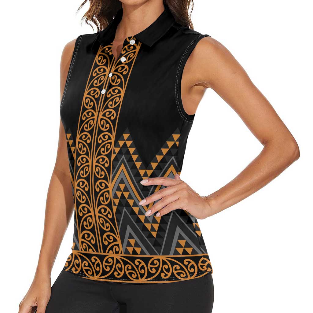 Gold Aotearoa Mangopare Kowhaiwhai and Niho Taniwha Women Sleeveless Polo Shirt Maori New Zealand
