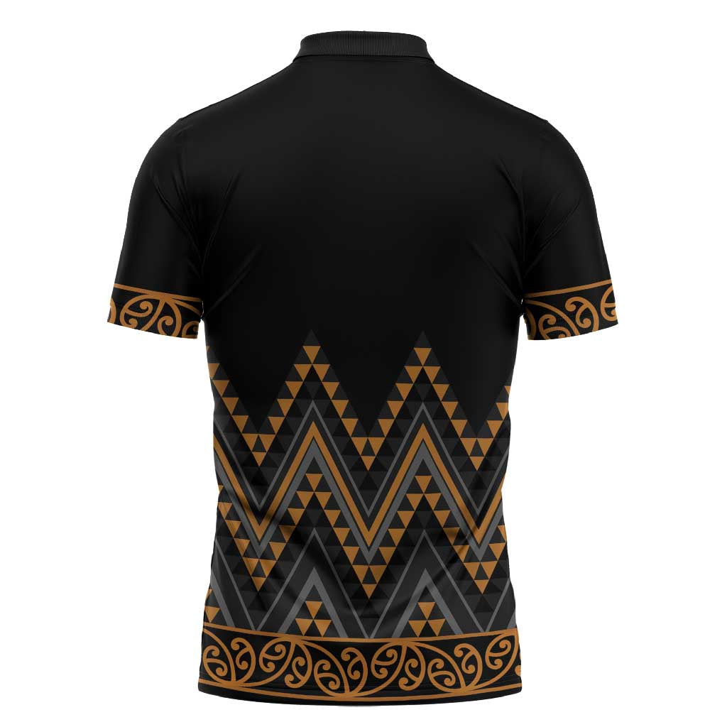 Gold Aotearoa Mangopare Kowhaiwhai Niho Taniwha Zipper Polo Shirt Maori New Zealand - Polynesian Pride