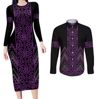 Purple Aotearoa Mangopare Kowhaiwhai and Niho Taniwha Couples Matching Long Sleeve Bodycon Dress and Long Sleeve Button Shirt Maori New Zealand