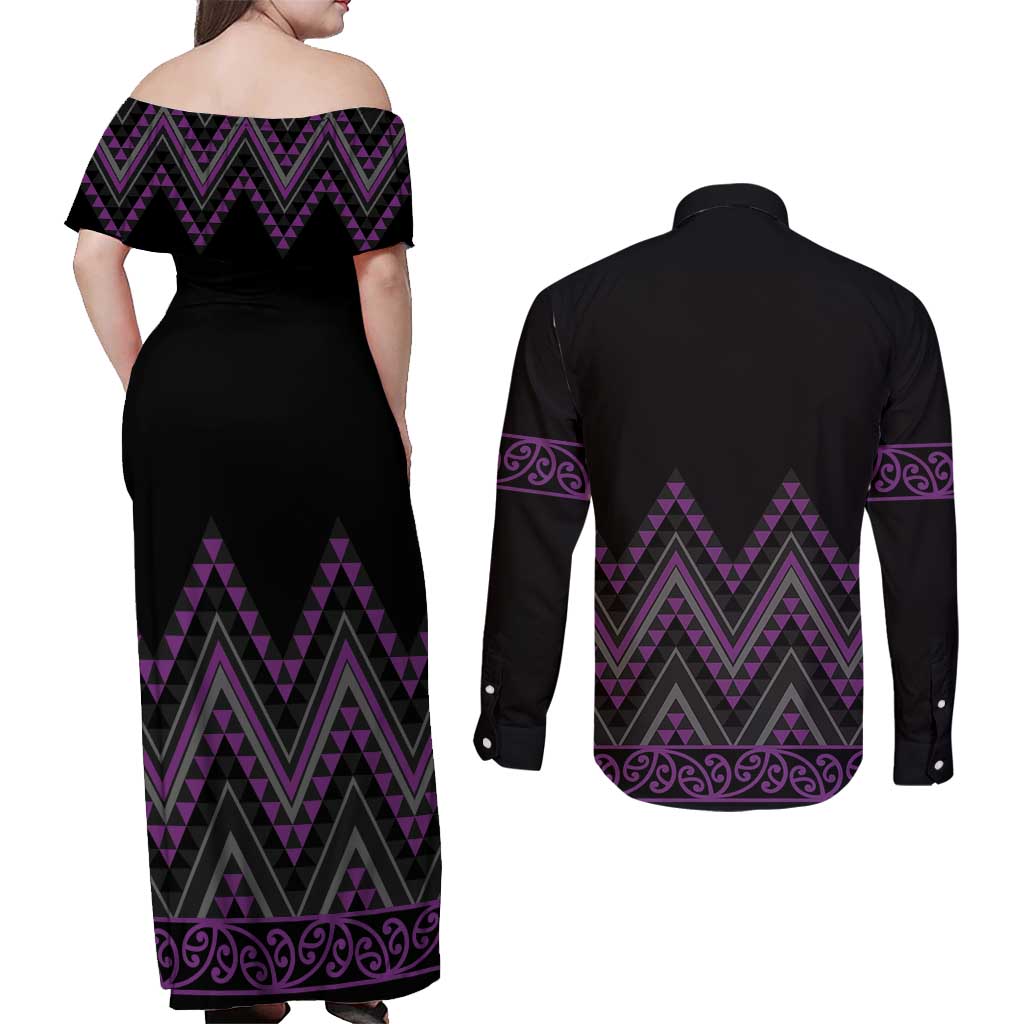Purple Aotearoa Mangopare Kowhaiwhai and Niho Taniwha Couples Matching Off Shoulder Maxi Dress and Long Sleeve Button Shirt Maori New Zealand