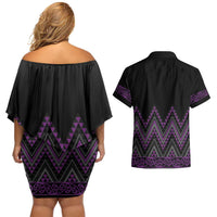 Purple Aotearoa Mangopare Kowhaiwhai and Niho Taniwha Couples Matching Off Shoulder Short Dress and Hawaiian Shirt Maori New Zealand