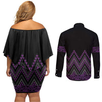 Purple Aotearoa Mangopare Kowhaiwhai and Niho Taniwha Couples Matching Off Shoulder Short Dress and Long Sleeve Button Shirt Maori New Zealand