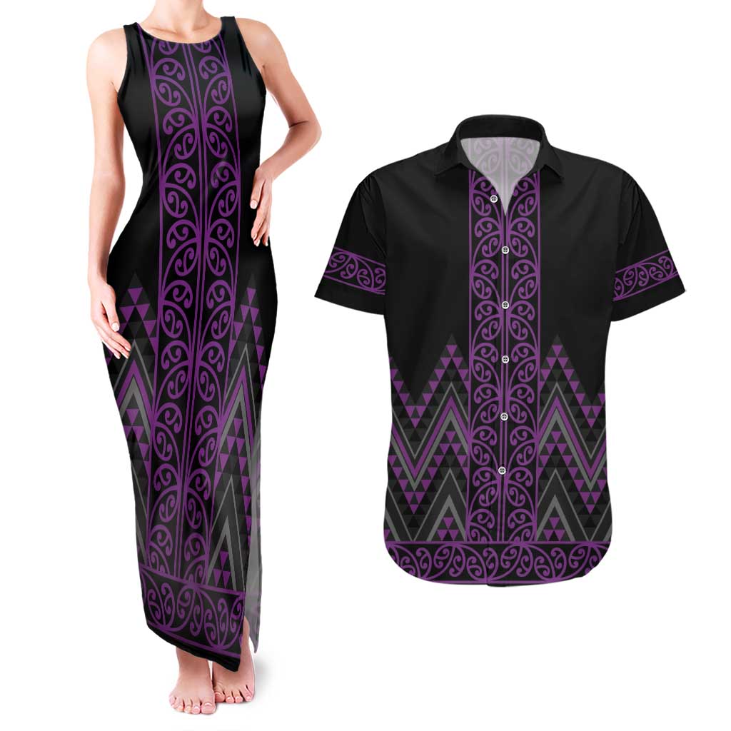 Purple Aotearoa Mangopare Kowhaiwhai and Niho Taniwha Couples Matching Tank Maxi Dress and Hawaiian Shirt Maori New Zealand