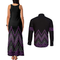 Purple Aotearoa Mangopare Kowhaiwhai and Niho Taniwha Couples Matching Tank Maxi Dress and Long Sleeve Button Shirt Maori New Zealand
