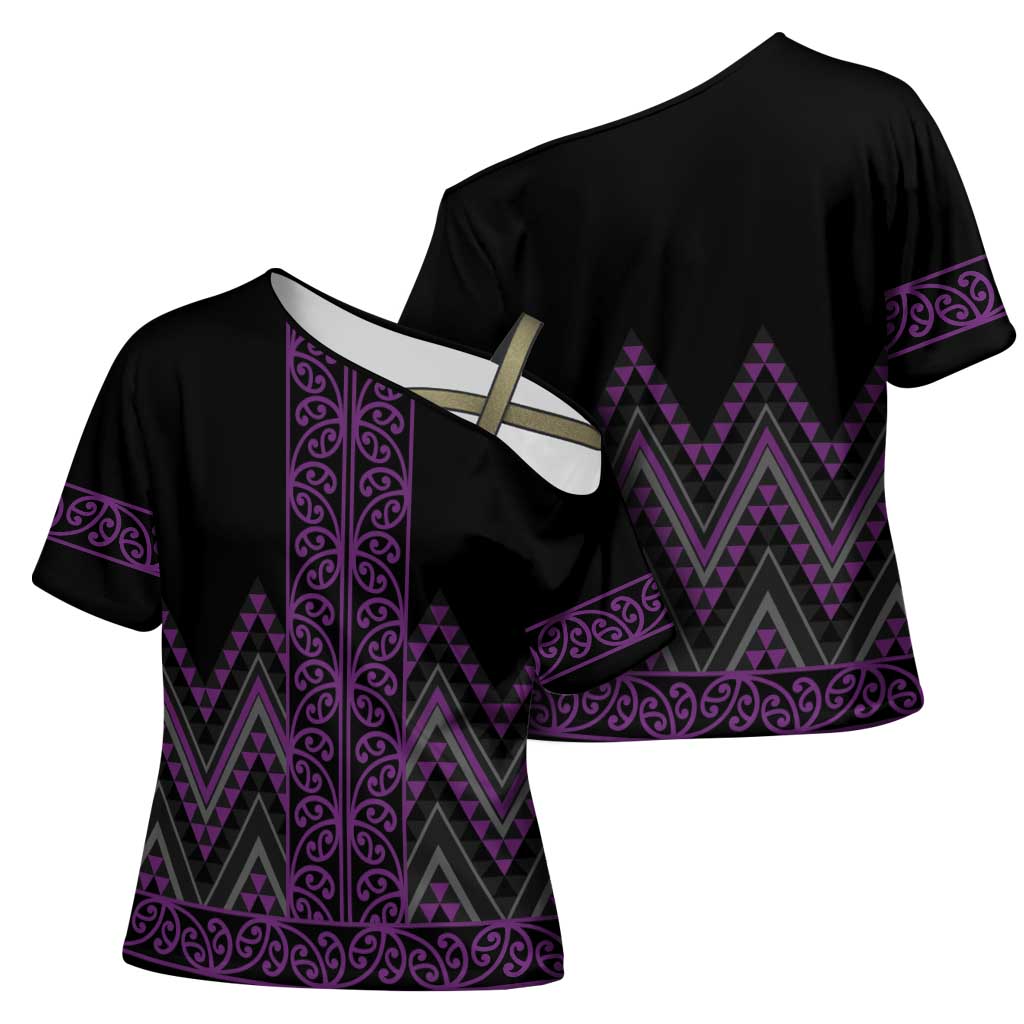 Purple Aotearoa Mangopare Kowhaiwhai Niho Taniwha Cross Shoulder Shirt Maori New Zealand - Polynesian Pride