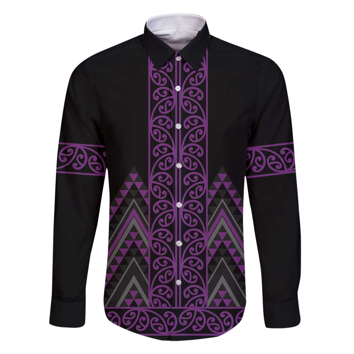 Purple Aotearoa Mangopare Kowhaiwhai and Niho Taniwha Family Matching Off The Shoulder Long Sleeve Dress and Hawaiian Shirt Maori New Zealand