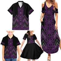 Purple Aotearoa Mangopare Kowhaiwhai and Niho Taniwha Family Matching Summer Maxi Dress and Hawaiian Shirt Maori New Zealand