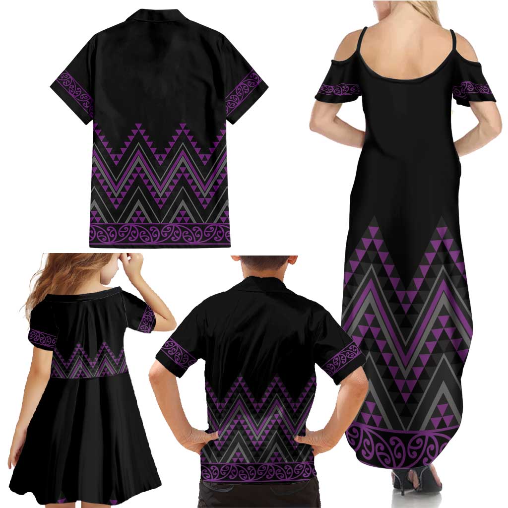 Purple Aotearoa Mangopare Kowhaiwhai and Niho Taniwha Family Matching Summer Maxi Dress and Hawaiian Shirt Maori New Zealand