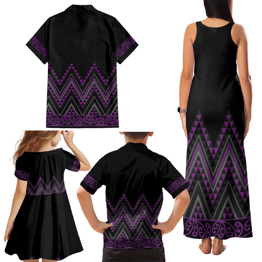 Purple Aotearoa Mangopare Kowhaiwhai and Niho Taniwha Family Matching Tank Maxi Dress and Hawaiian Shirt Maori New Zealand