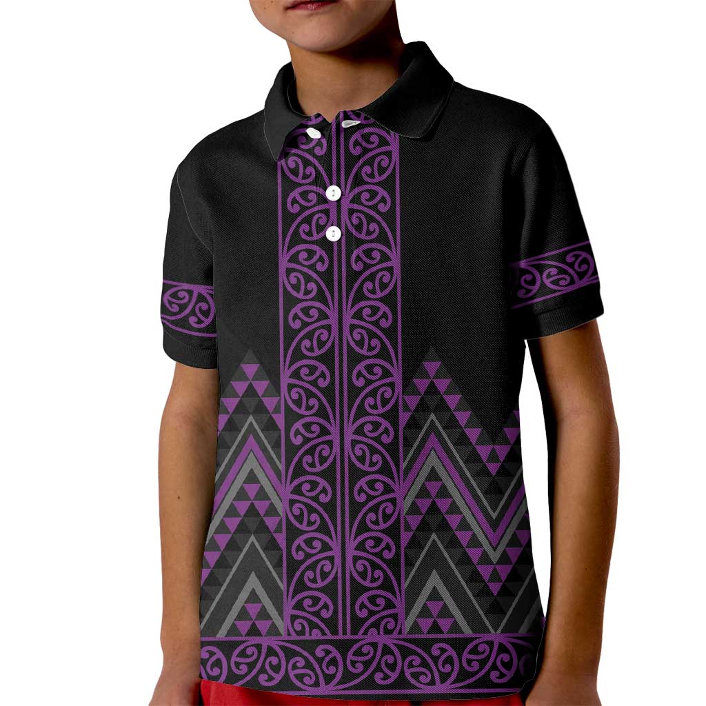 Purple Aotearoa Mangopare Kowhaiwhai and Niho Taniwha Kid Polo Shirt Maori New Zealand