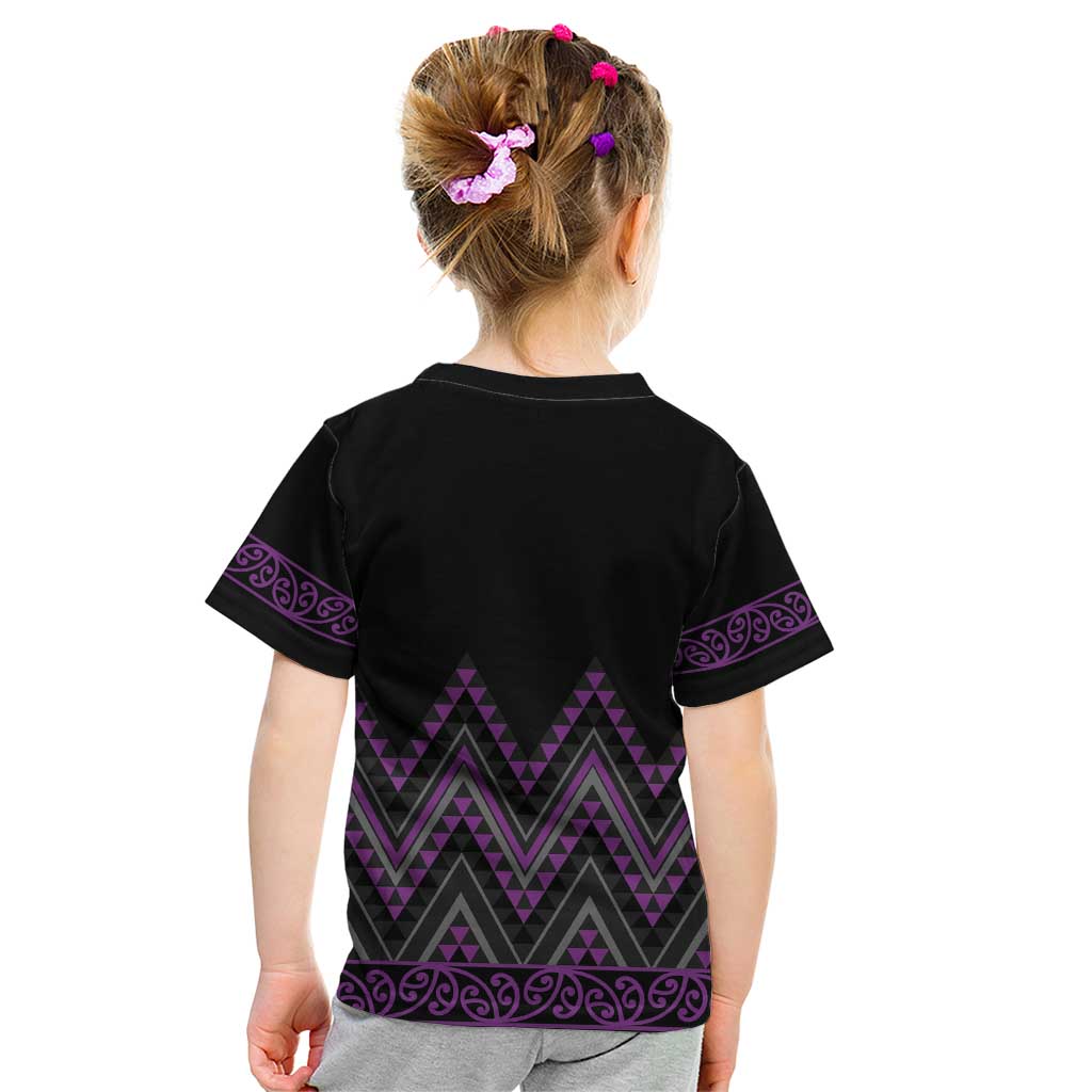 Purple Aotearoa Mangopare Kowhaiwhai and Niho Taniwha Kid T Shirt Maori New Zealand