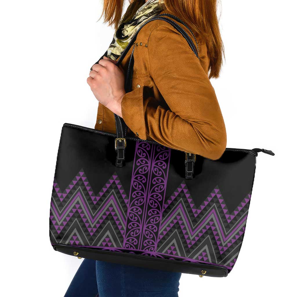 Purple Aotearoa Mangopare Kowhaiwhai and Niho Taniwha Leather Tote Bag Maori New Zealand