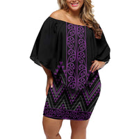 Purple Aotearoa Mangopare Kowhaiwhai and Niho Taniwha Off Shoulder Short Dress Maori New Zealand