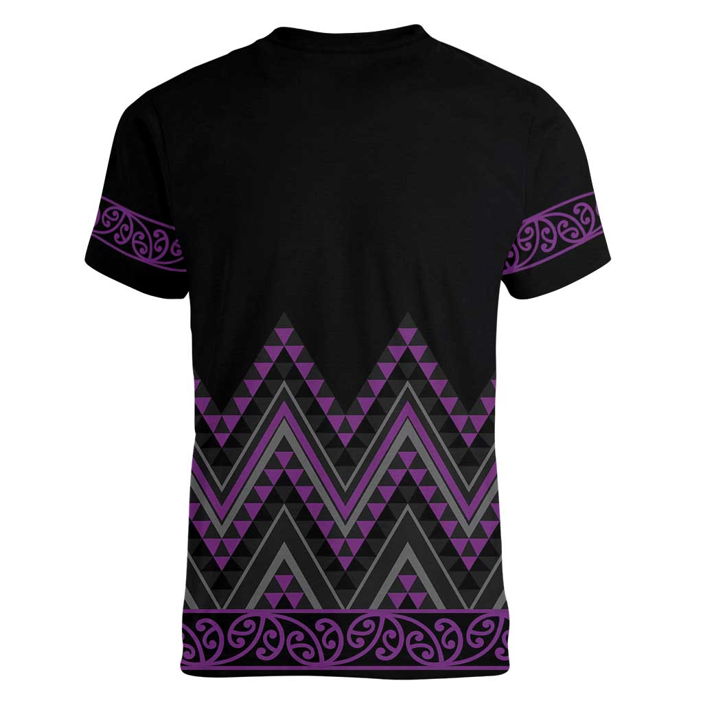 Purple Aotearoa Mangopare Kowhaiwhai and Niho Taniwha Women V-Neck T-Shirt Maori New Zealand