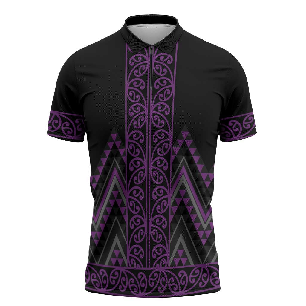 Purple Aotearoa Mangopare Kowhaiwhai Niho Taniwha Zipper Polo Shirt Maori New Zealand - Polynesian Pride