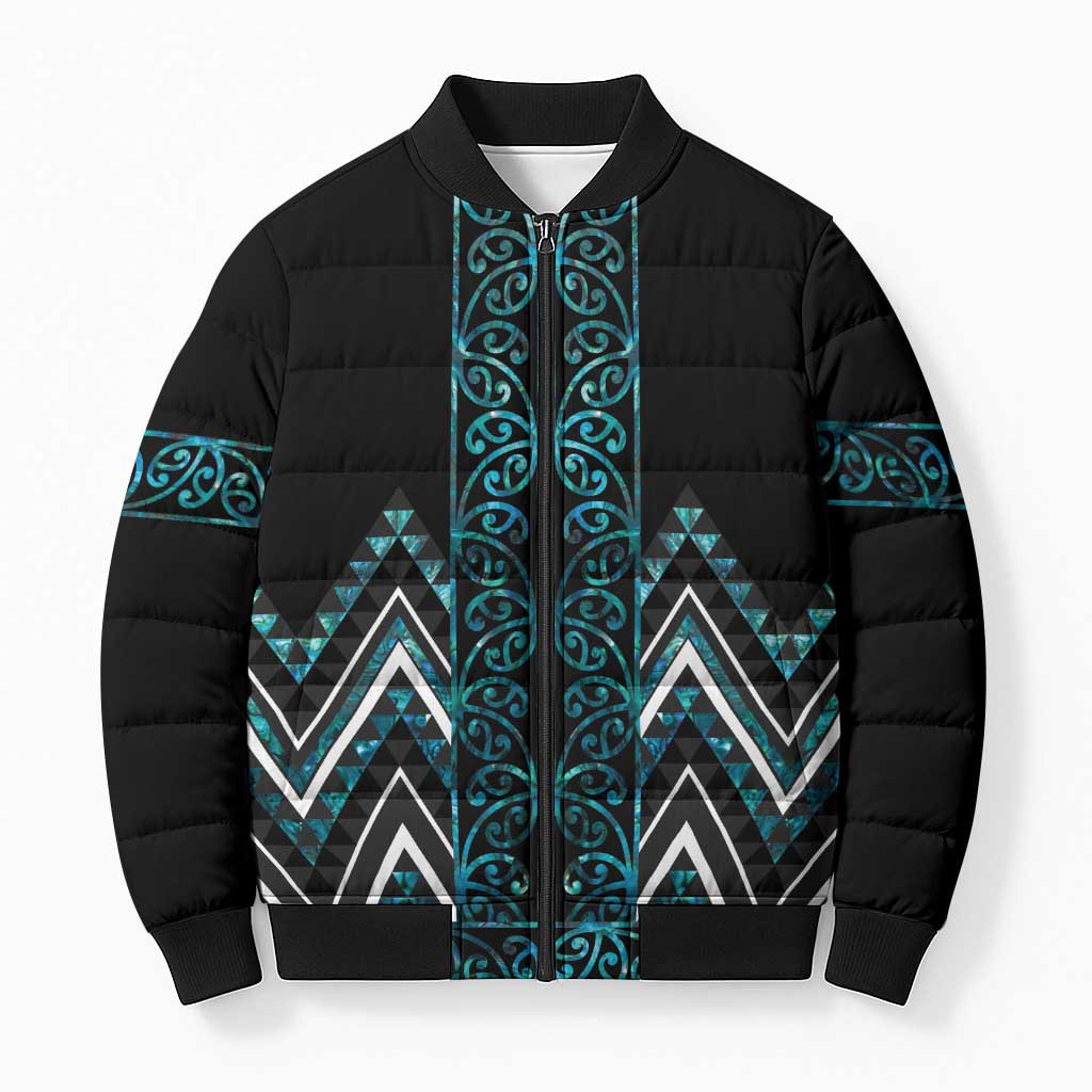 Paua Shell Aotearoa Mangopare Kowhaiwhai Niho Taniwha Bomber Puffer Jacket Maori New Zealand - Polynesian Pride