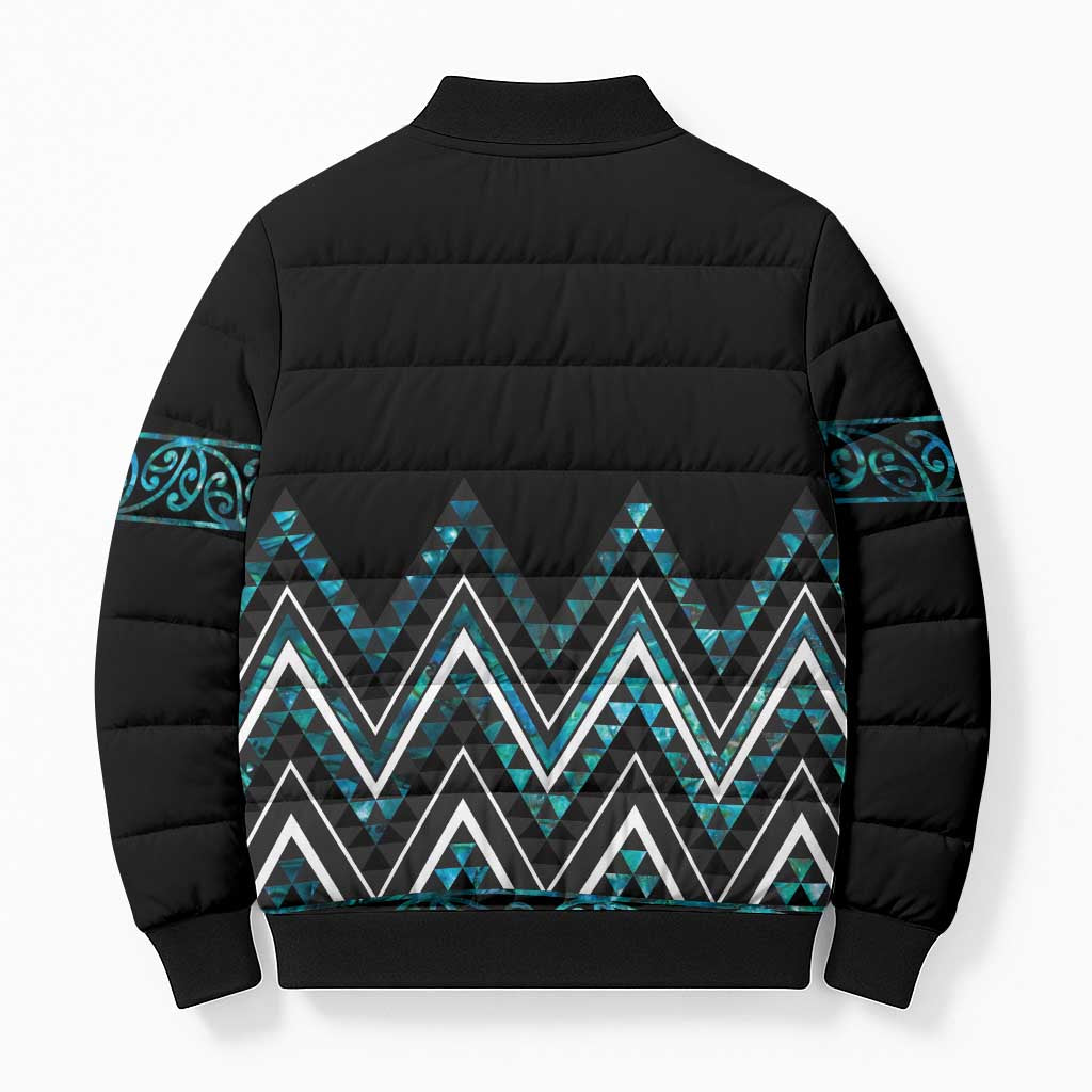 Paua Shell Aotearoa Mangopare Kowhaiwhai Niho Taniwha Bomber Puffer Jacket Maori New Zealand - Polynesian Pride