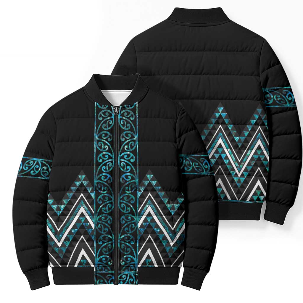 Paua Shell Aotearoa Mangopare Kowhaiwhai Niho Taniwha Bomber Puffer Jacket Maori New Zealand - Polynesian Pride