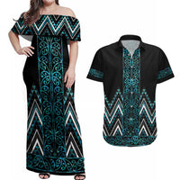 Paua Shell Aotearoa Mangopare Kowhaiwhai and Niho Taniwha Couples Matching Off Shoulder Maxi Dress and Hawaiian Shirt Maori New Zealand