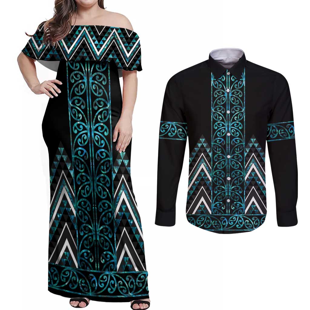 Paua Shell Aotearoa Mangopare Kowhaiwhai and Niho Taniwha Couples Matching Off Shoulder Maxi Dress and Long Sleeve Button Shirt Maori New Zealand