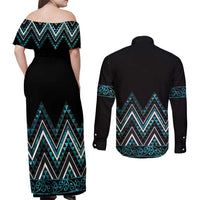 Paua Shell Aotearoa Mangopare Kowhaiwhai and Niho Taniwha Couples Matching Off Shoulder Maxi Dress and Long Sleeve Button Shirt Maori New Zealand