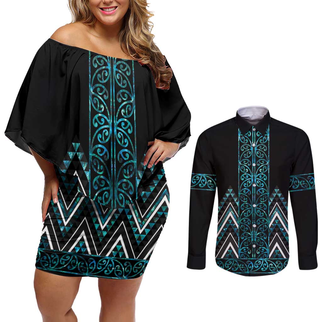 Paua Shell Aotearoa Mangopare Kowhaiwhai and Niho Taniwha Couples Matching Off Shoulder Short Dress and Long Sleeve Button Shirt Maori New Zealand