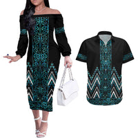 Paua Shell Aotearoa Mangopare Kowhaiwhai and Niho Taniwha Couples Matching Off The Shoulder Long Sleeve Dress and Hawaiian Shirt Maori New Zealand