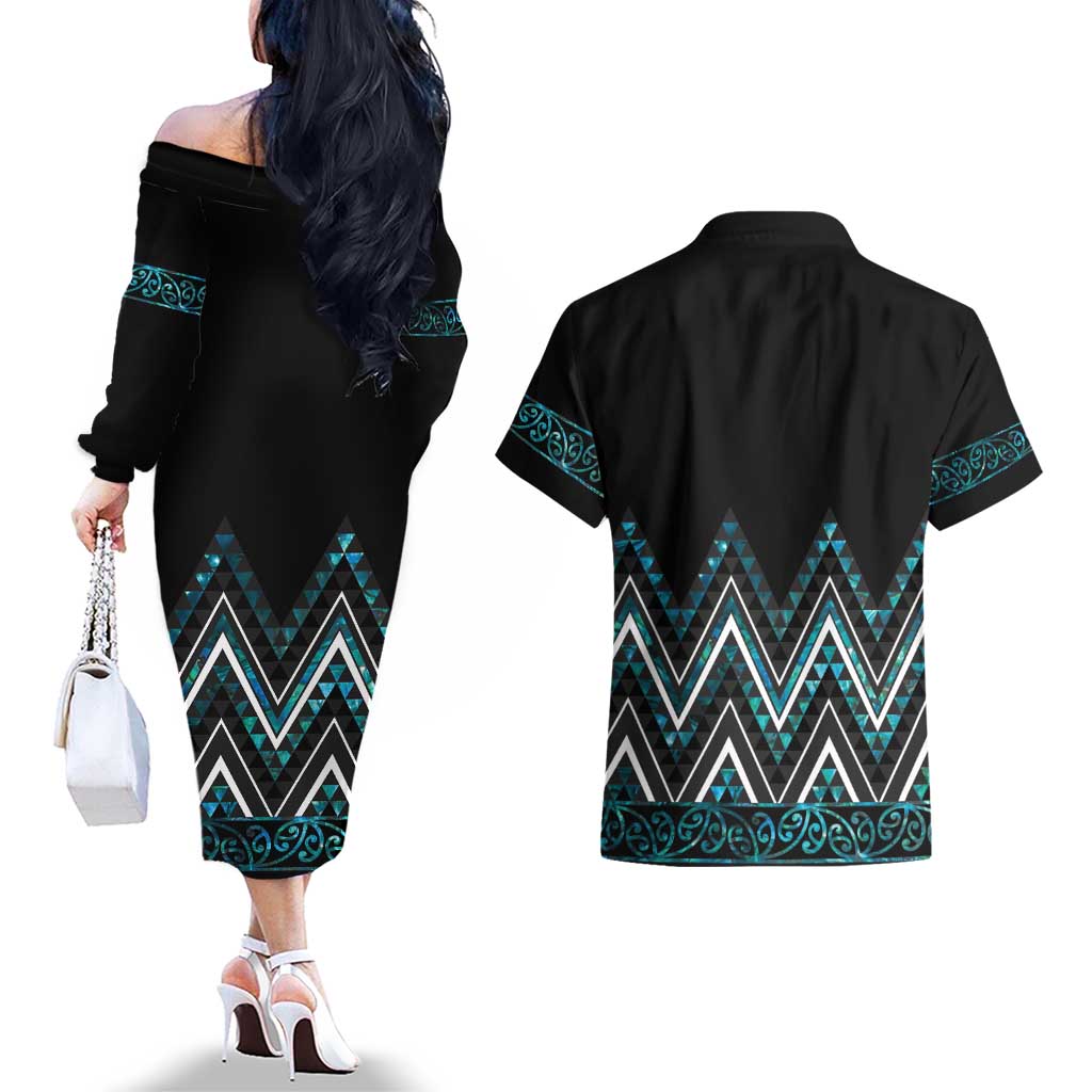 Paua Shell Aotearoa Mangopare Kowhaiwhai and Niho Taniwha Couples Matching Off The Shoulder Long Sleeve Dress and Hawaiian Shirt Maori New Zealand