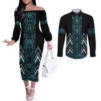 Paua Shell Aotearoa Mangopare Kowhaiwhai and Niho Taniwha Couples Matching Off The Shoulder Long Sleeve Dress and Long Sleeve Button Shirt Maori New Zealand