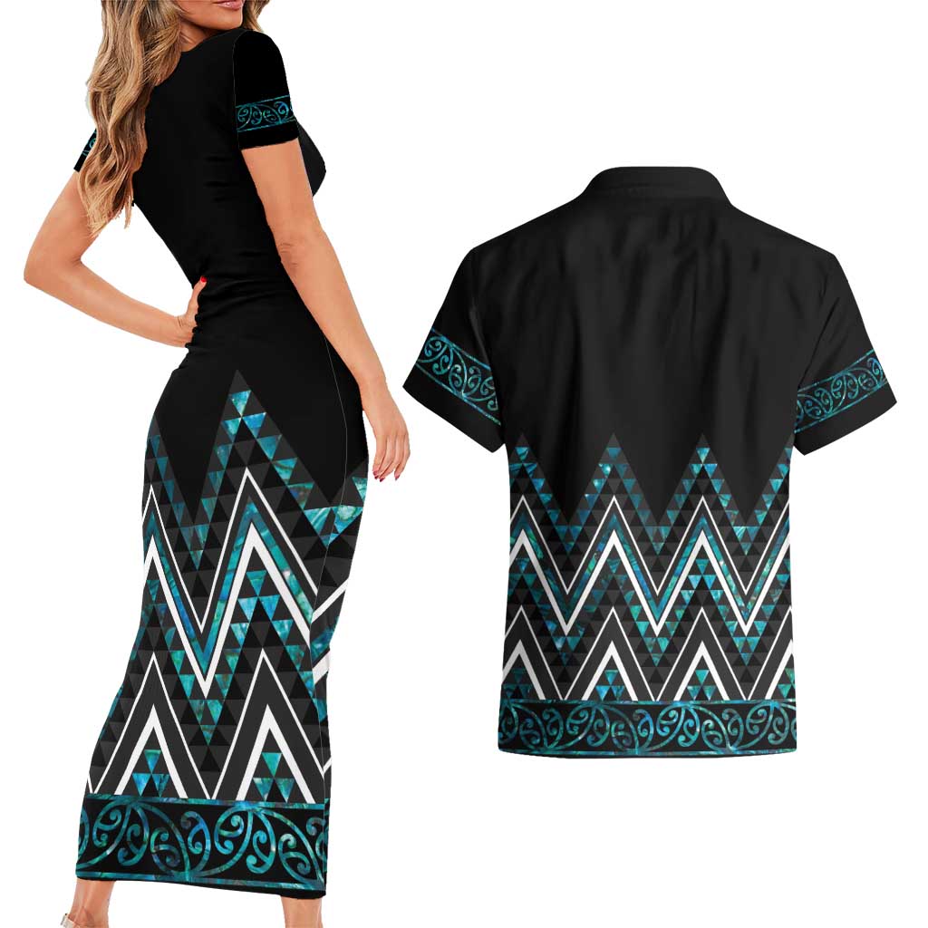 Paua Shell Aotearoa Mangopare Kowhaiwhai and Niho Taniwha Couples Matching Short Sleeve Bodycon Dress and Hawaiian Shirt Maori New Zealand