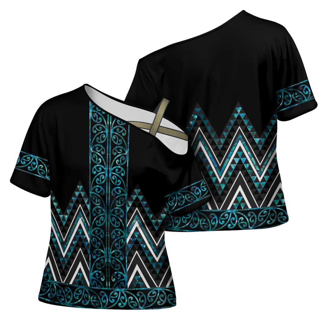 Paua Shell Aotearoa Mangopare Kowhaiwhai Niho Taniwha Cross Shoulder Shirt Maori New Zealand - Polynesian Pride