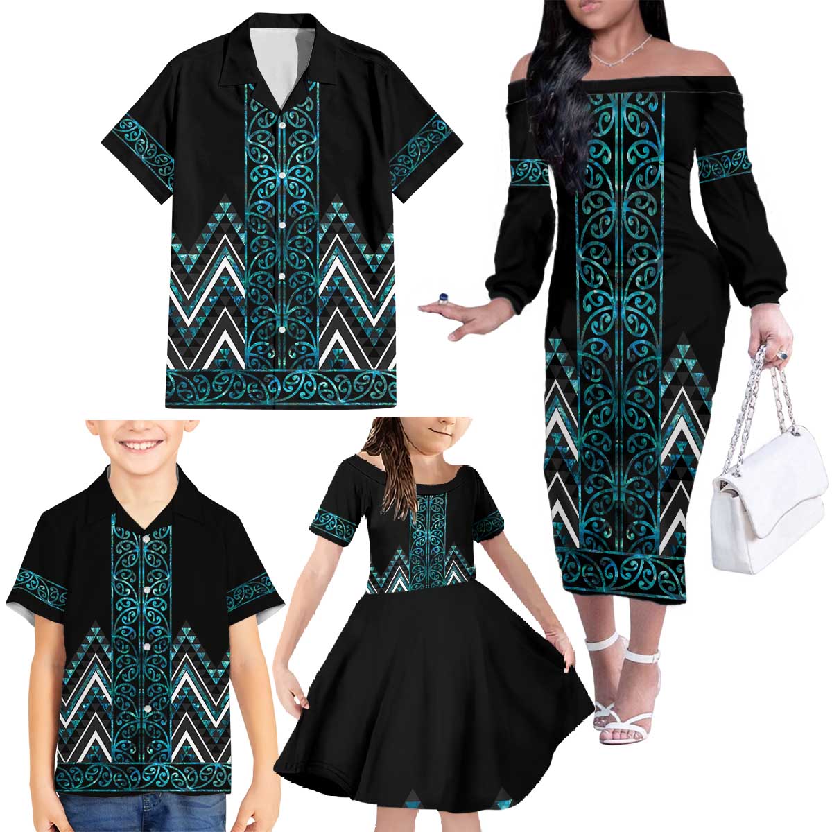 Paua Shell Aotearoa Mangopare Kowhaiwhai and Niho Taniwha Family Matching Off The Shoulder Long Sleeve Dress and Hawaiian Shirt Maori New Zealand