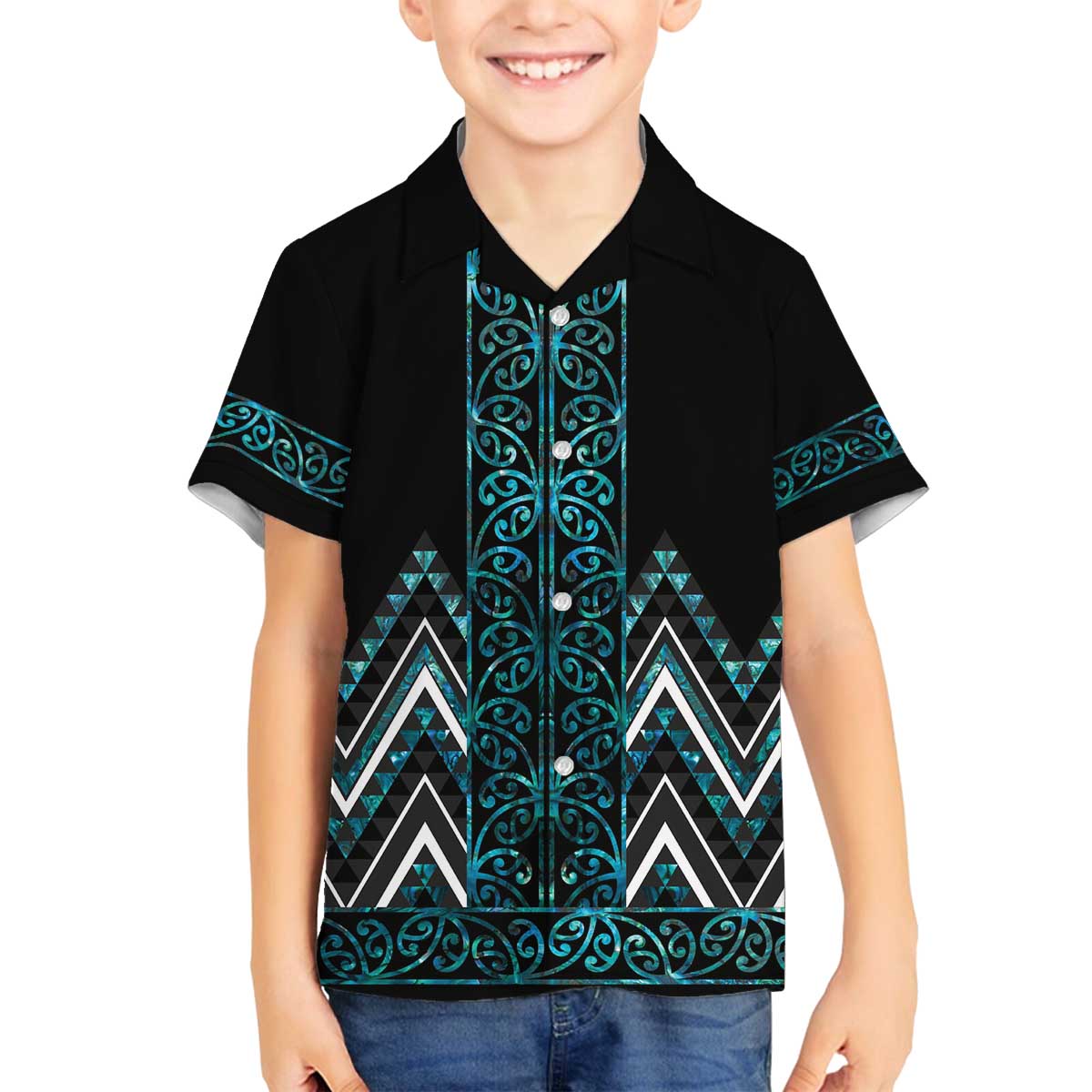 Paua Shell Aotearoa Mangopare Kowhaiwhai and Niho Taniwha Family Matching Off The Shoulder Long Sleeve Dress and Hawaiian Shirt Maori New Zealand