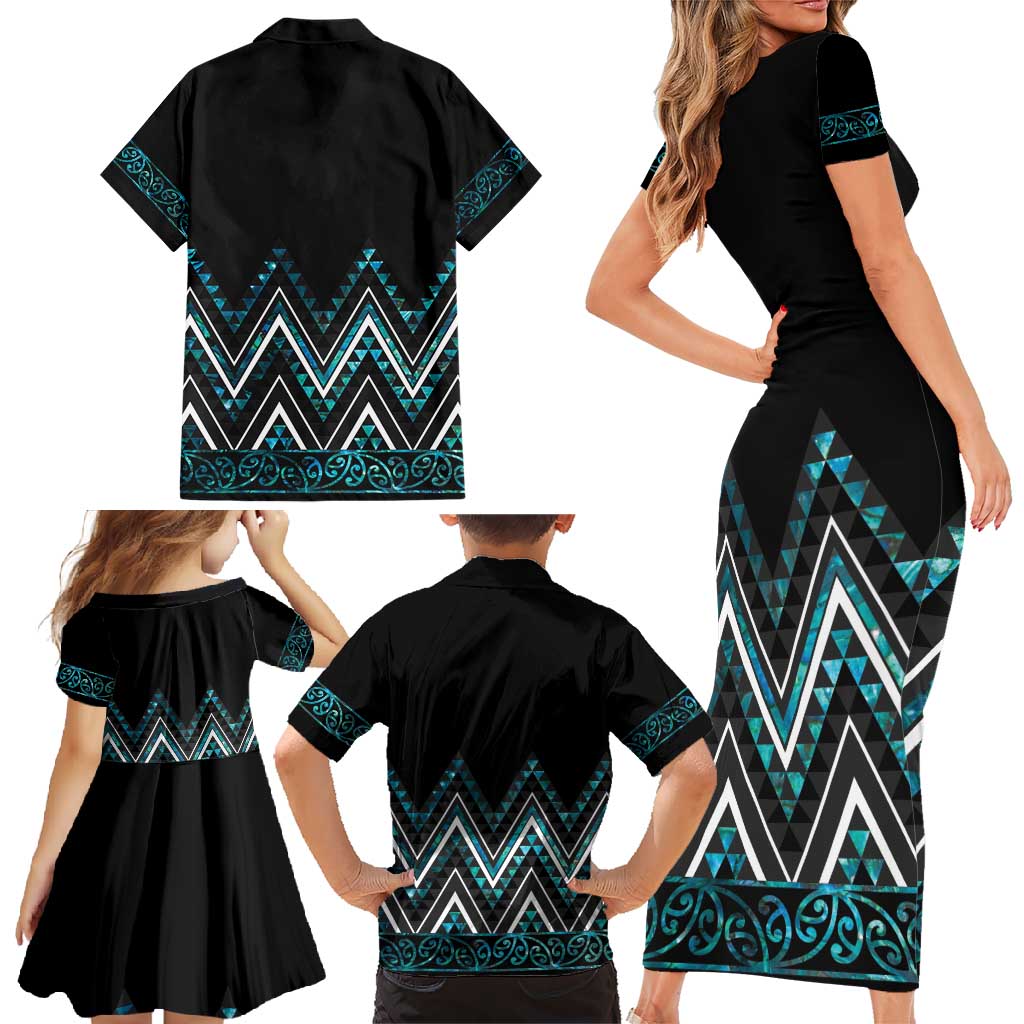Paua Shell Aotearoa Mangopare Kowhaiwhai and Niho Taniwha Family Matching Short Sleeve Bodycon Dress and Hawaiian Shirt Maori New Zealand