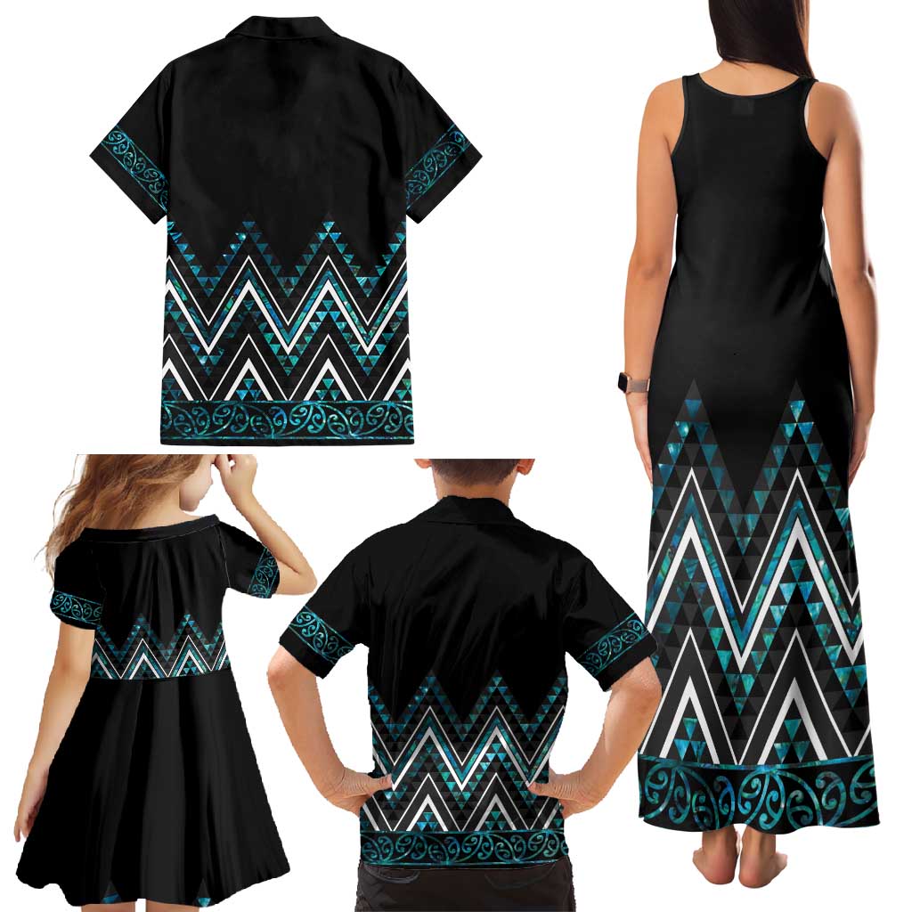 Paua Shell Aotearoa Mangopare Kowhaiwhai and Niho Taniwha Family Matching Tank Maxi Dress and Hawaiian Shirt Maori New Zealand