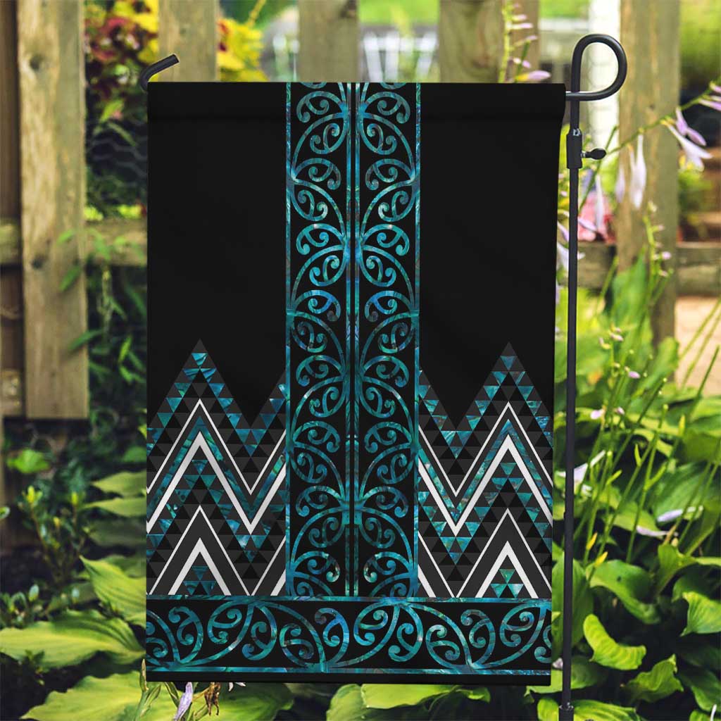 Paua Shell Aotearoa Mangopare Kowhaiwhai and Niho Taniwha Garden Flag Maori New Zealand