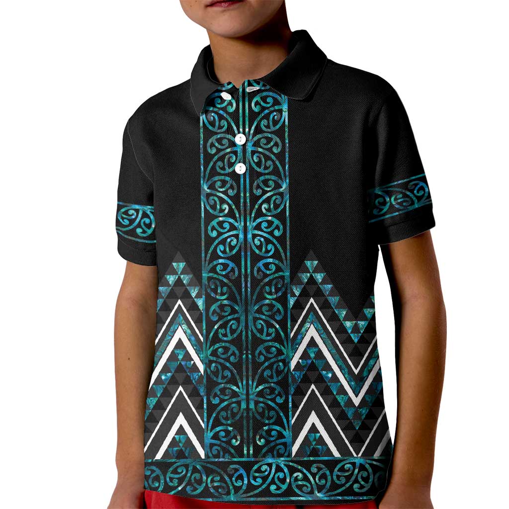 Paua Shell Aotearoa Mangopare Kowhaiwhai and Niho Taniwha Kid Polo Shirt Maori New Zealand