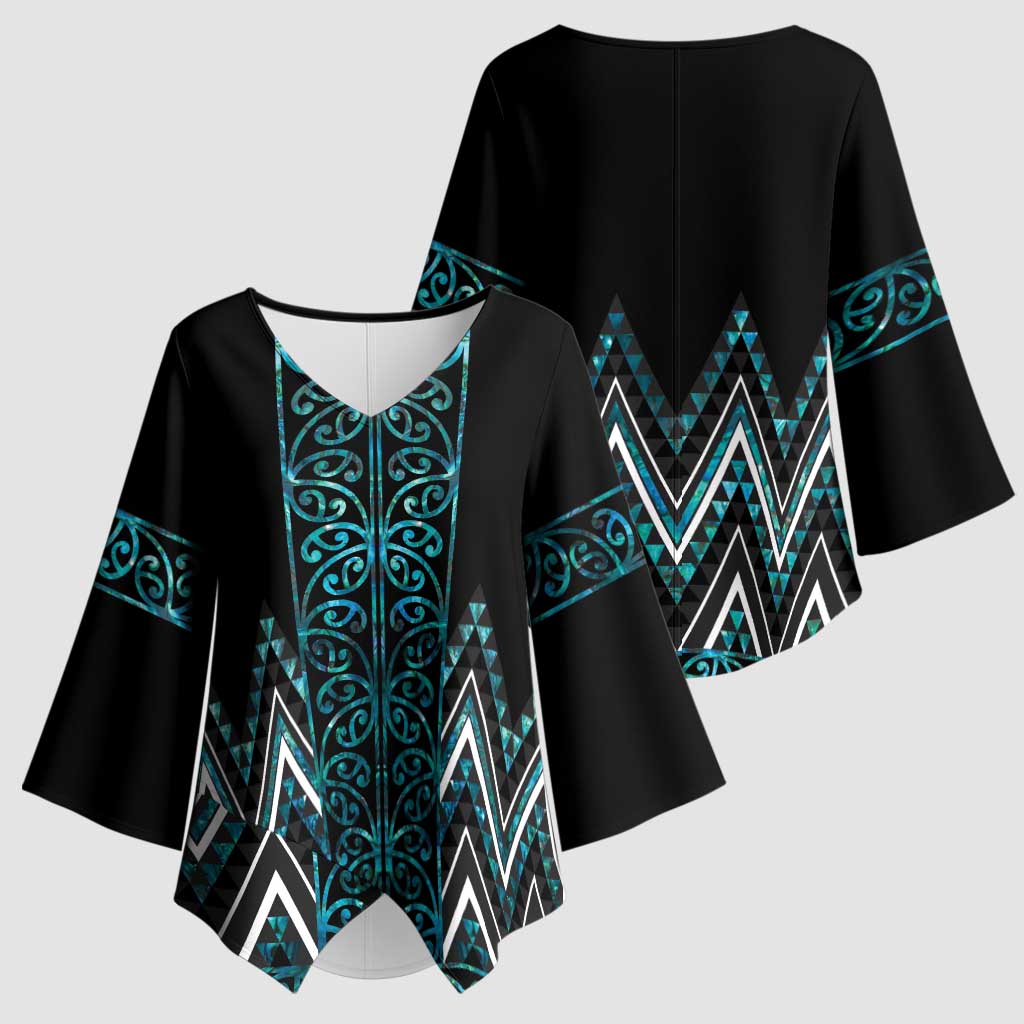 Paua Shell Aotearoa Mangopare Kowhaiwhai Niho Taniwha Kimono Sleeve Blouse Maori New Zealand - Polynesian Pride