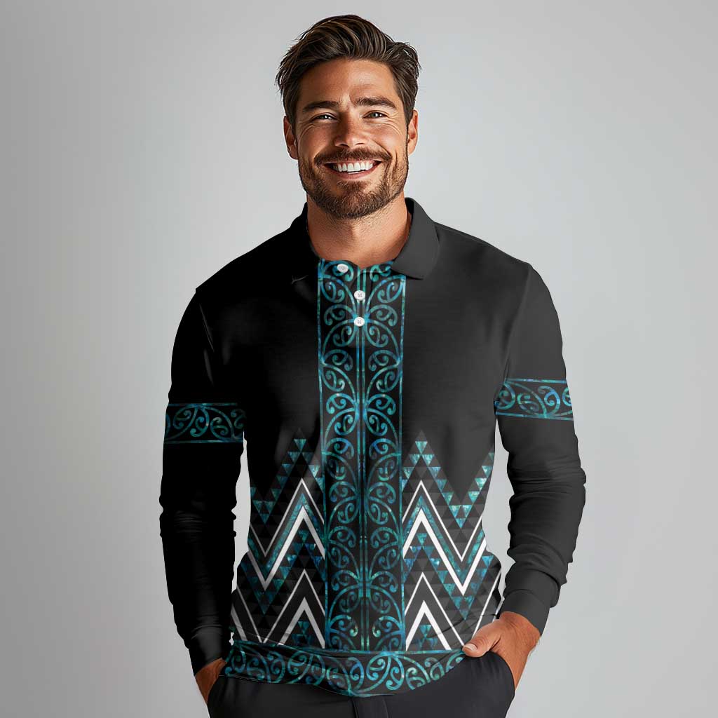 Paua Shell Aotearoa Mangopare Kowhaiwhai and Niho Taniwha Long Sleeve Polo Shirt Maori New Zealand
