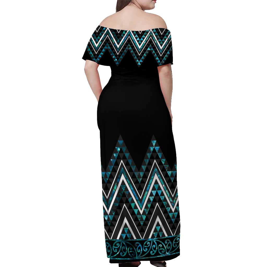 Paua Shell Aotearoa Mangopare Kowhaiwhai and Niho Taniwha Off Shoulder Maxi Dress Maori New Zealand