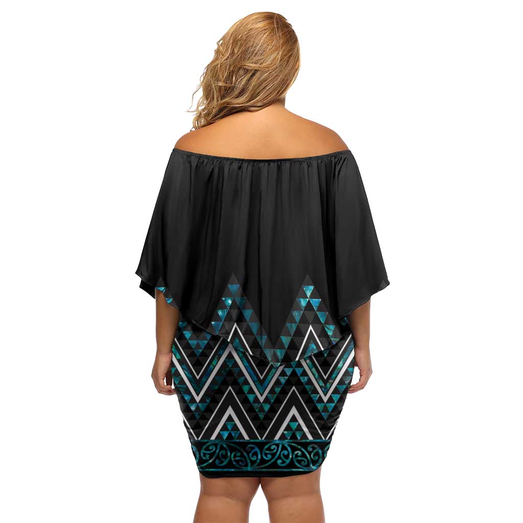 Paua Shell Aotearoa Mangopare Kowhaiwhai and Niho Taniwha Off Shoulder Short Dress Maori New Zealand