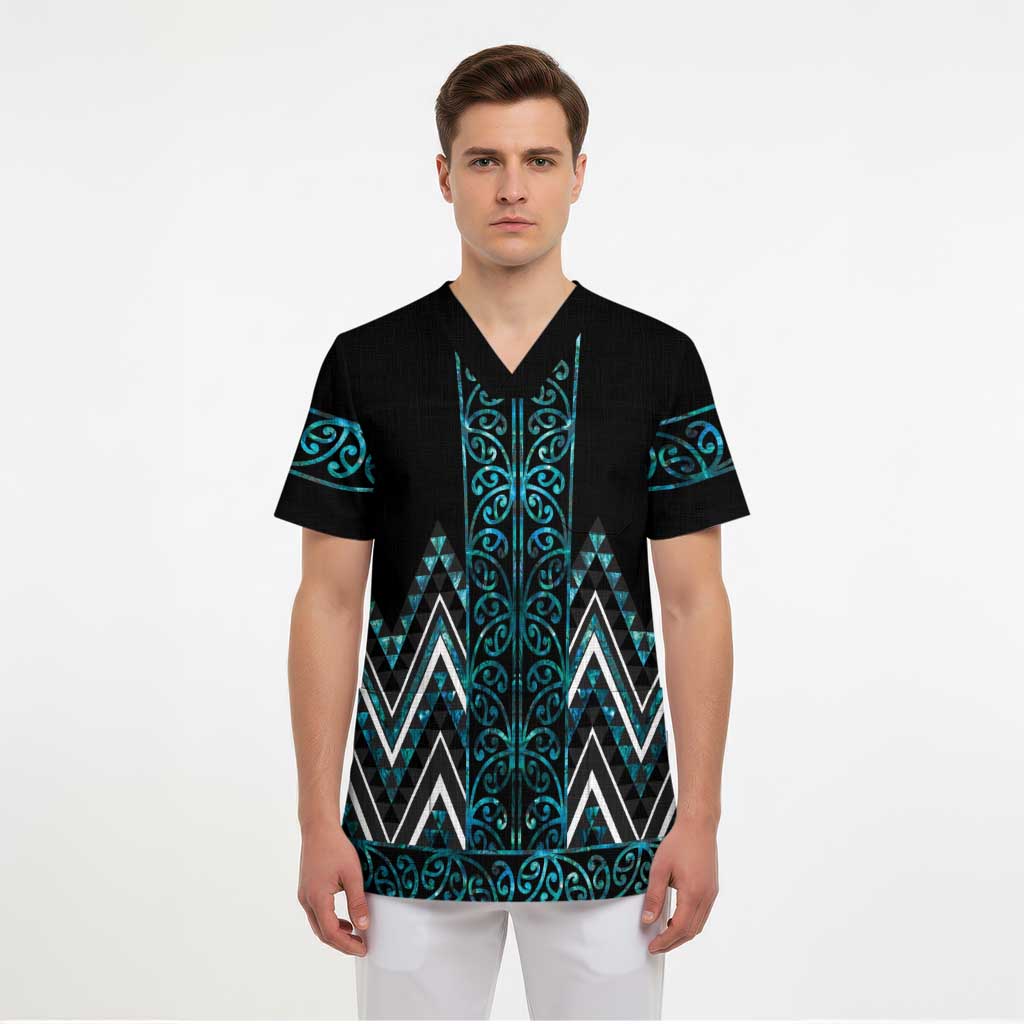 Paua Shell Aotearoa Mangopare Kowhaiwhai and Niho Taniwha Scrub Top Maori New Zealand - Polynesian Pride