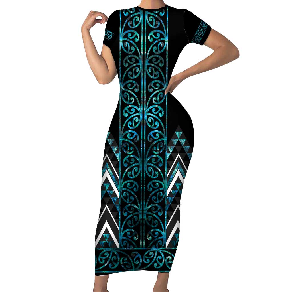 Paua Shell Aotearoa Mangopare Kowhaiwhai and Niho Taniwha Short Sleeve Bodycon Dress Maori New Zealand